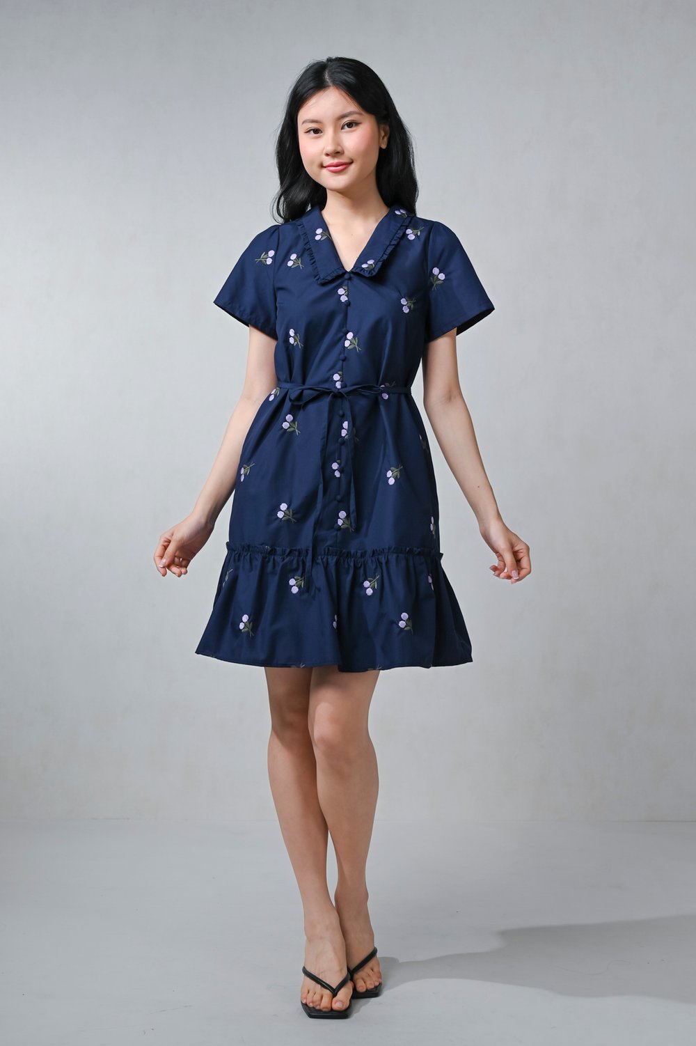 NERIS NAVY FLORAL EMB. PETERPAN-COLLAR DRESS