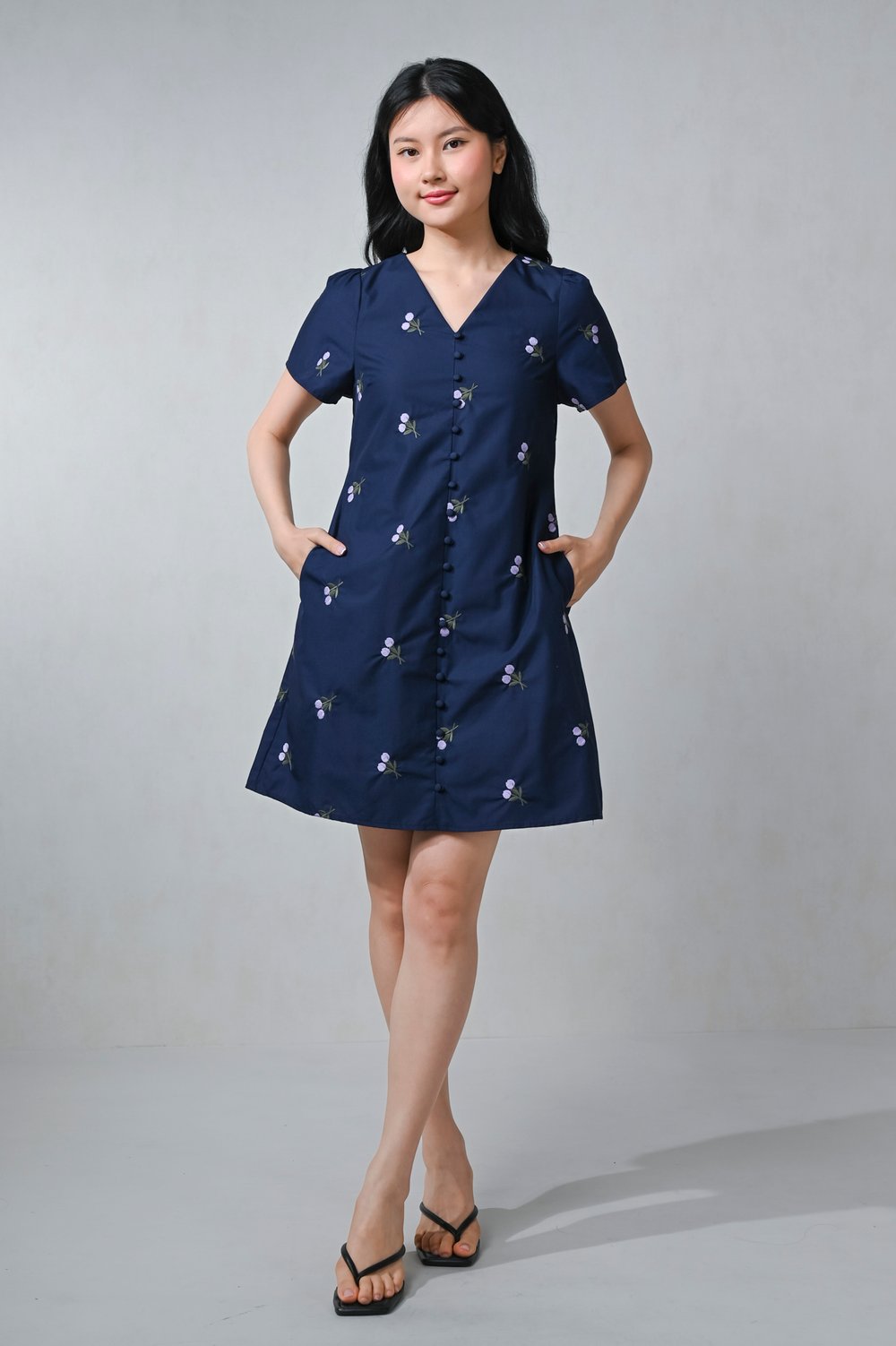 KAELIS NAVY FLORAL EMB. SLEEVED BUTTON DRESS