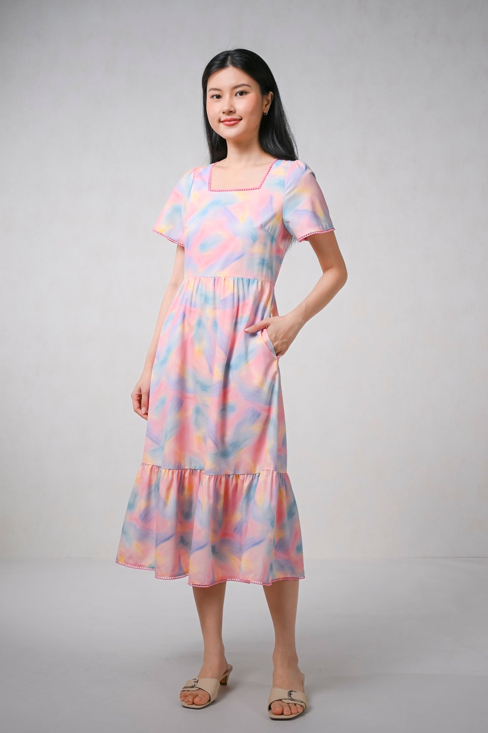 VADA RAINBOW DUST SQUARE-NECK SLEEVED MIDI DRESS