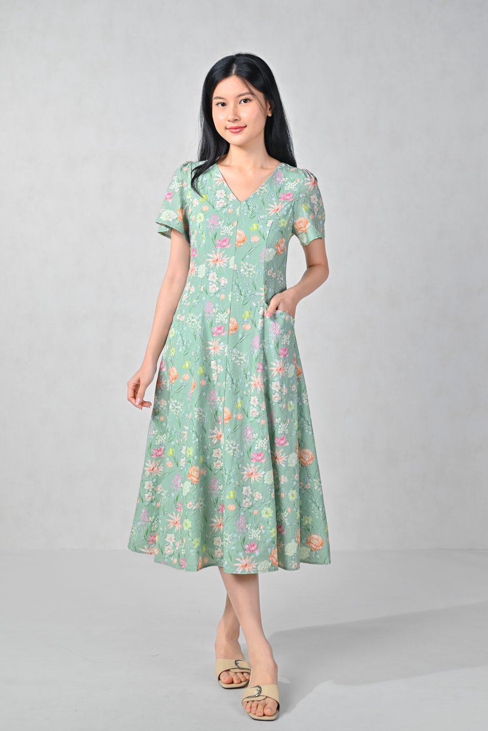 ORLA FLORAL V-NECK SLEEVED MIDI DRESS IN GREEN