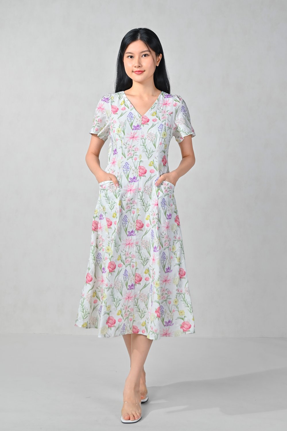ORLA FLORAL V-NECK SLEEVED MIDI DRESS IN WHITE