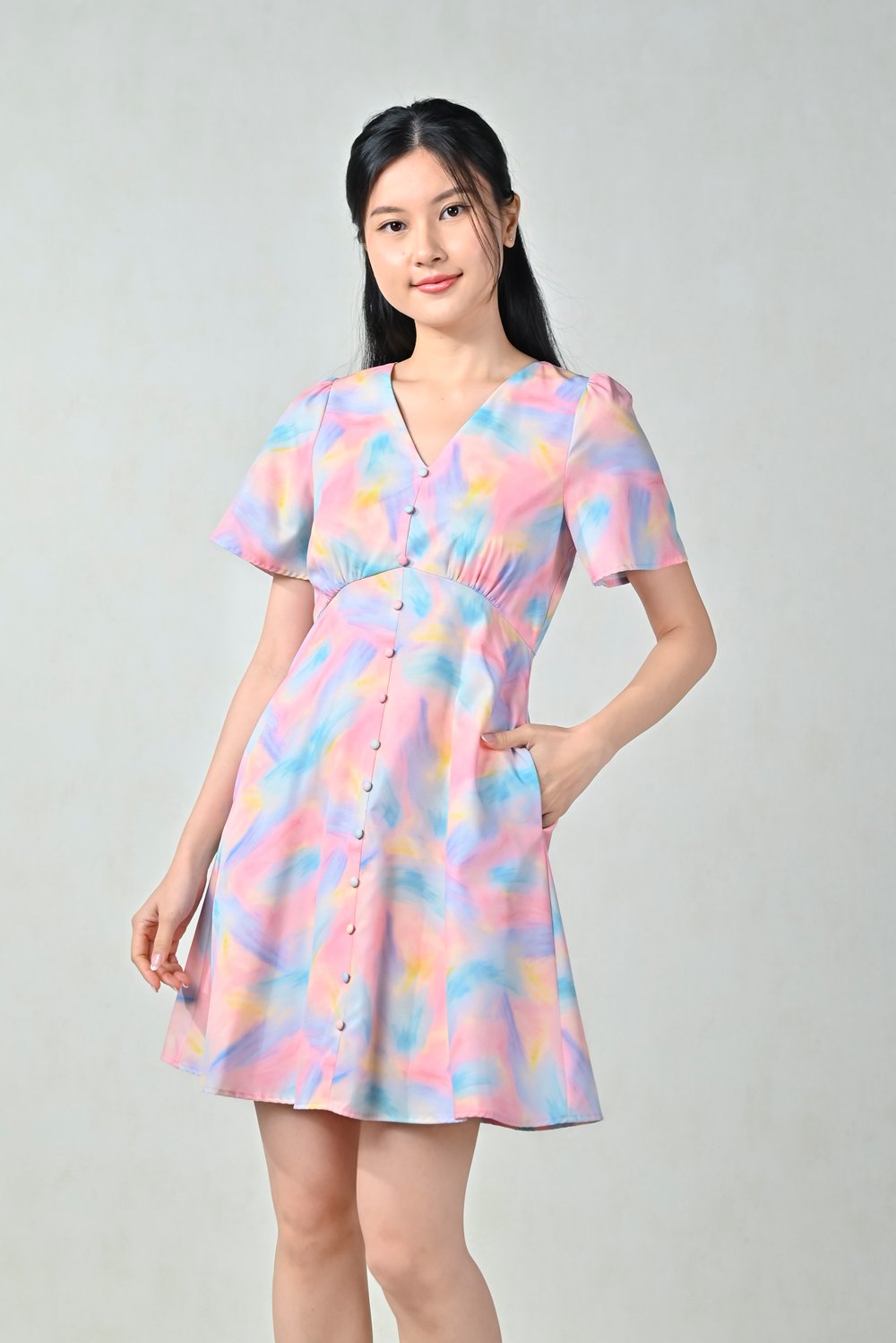 TILDA RAINBOW DUST V-NECK SLEEVED BUTTON DRESS
