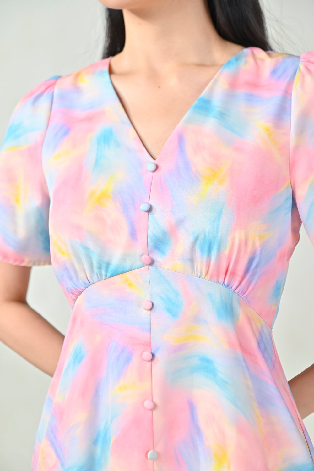 TILDA RAINBOW DUST V-NECK SLEEVED BUTTON DRESS
