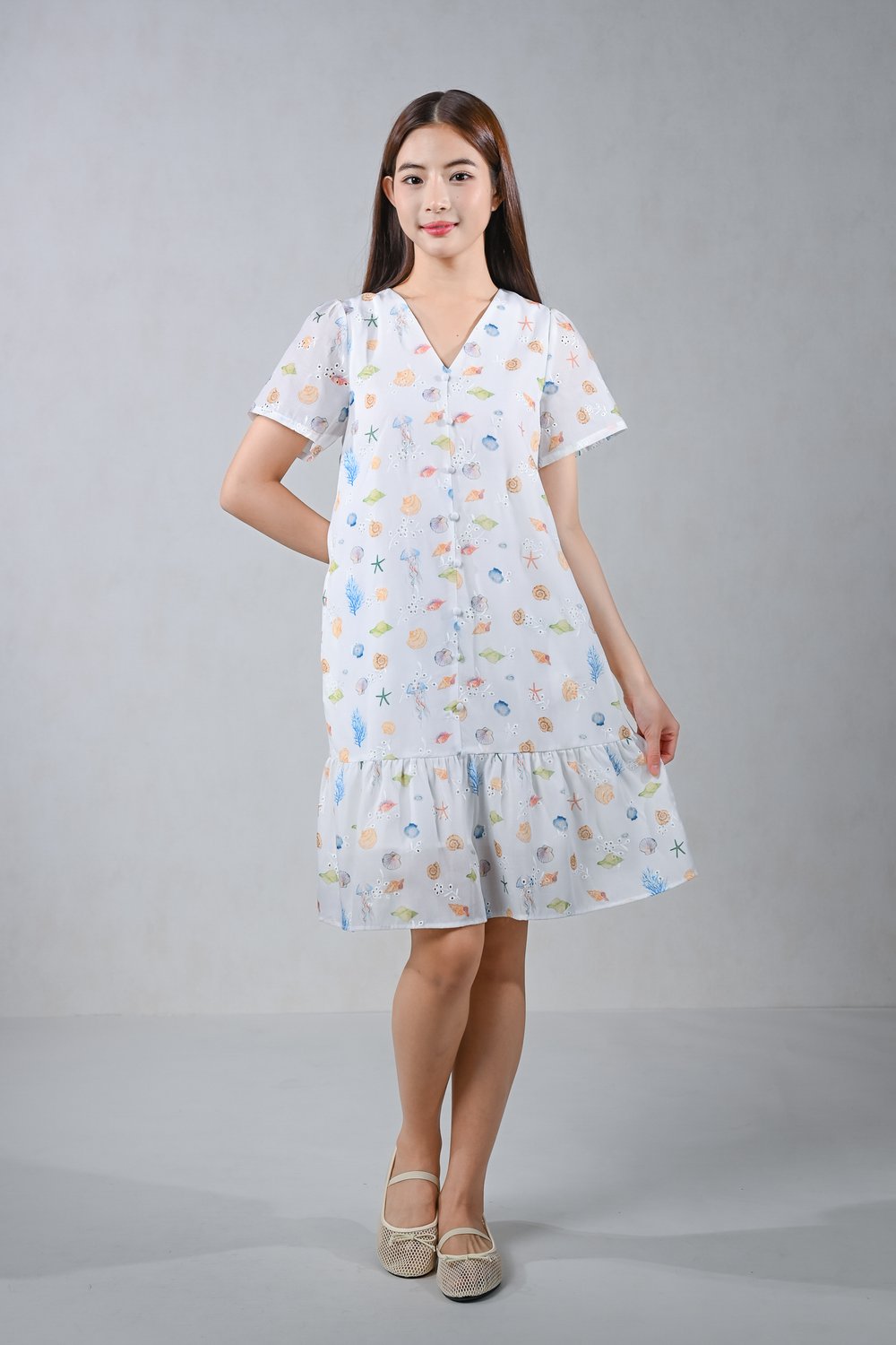 SHELLAH OCEAN EYELET SLEEVED DRESS