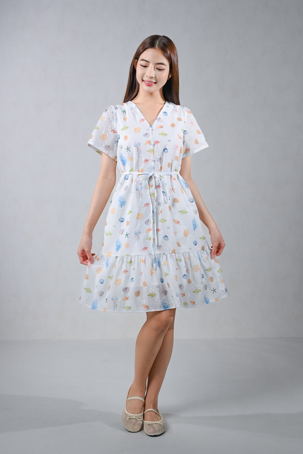 SHELLAH OCEAN EYELET SLEEVED DRESS