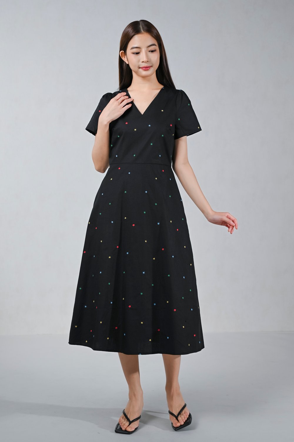 IONA BLACK STARRY EMB. V-NECK SLEEVED MIDI DRESS