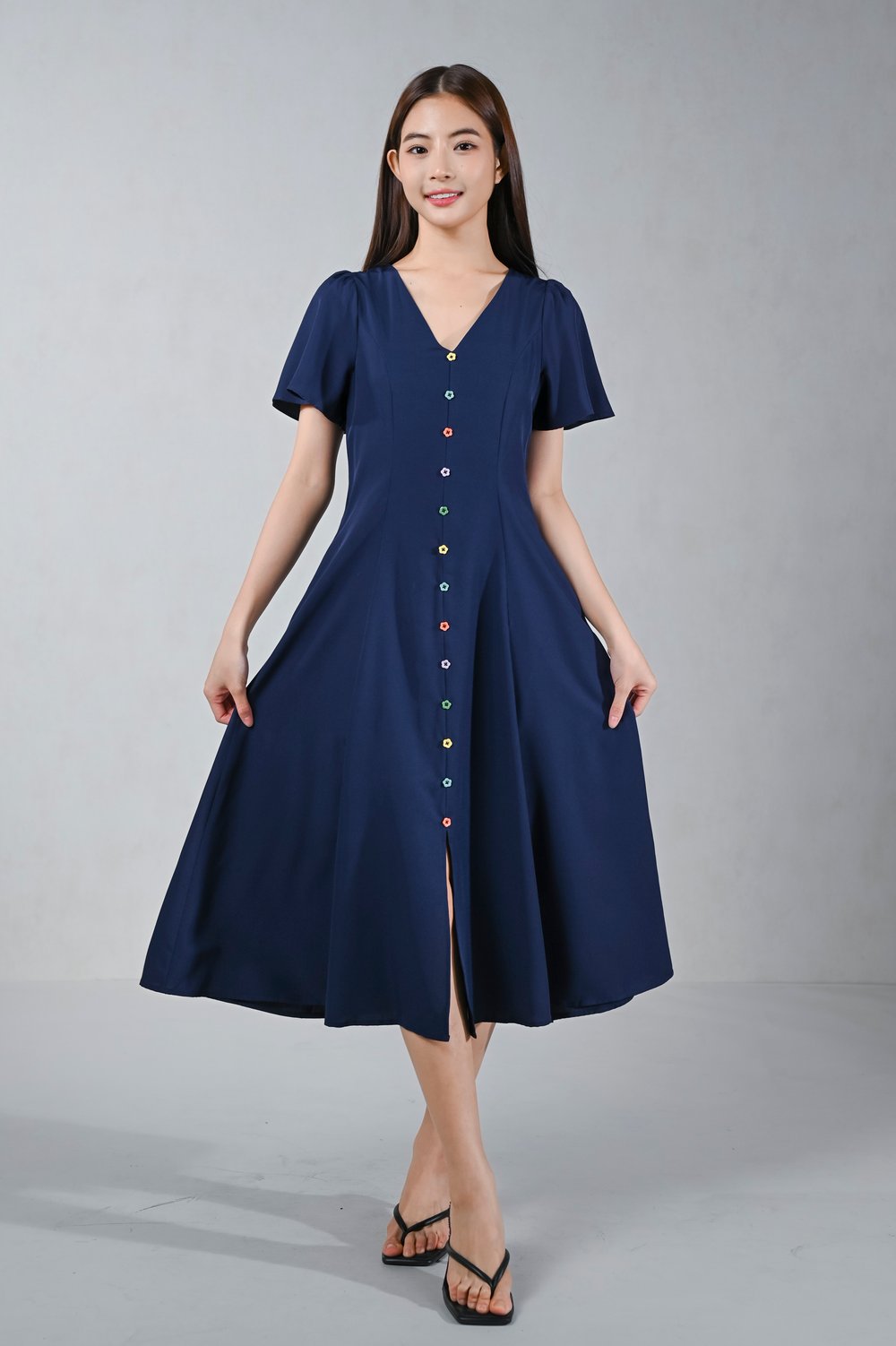 NELLE NAVY COLOURFUL-BUTTON SLEEVED MIDI DRESS