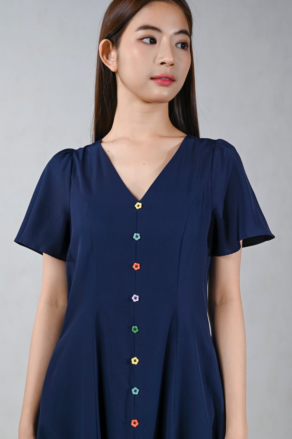 NELLE NAVY COLOURFUL-BUTTON SLEEVED MIDI DRESS