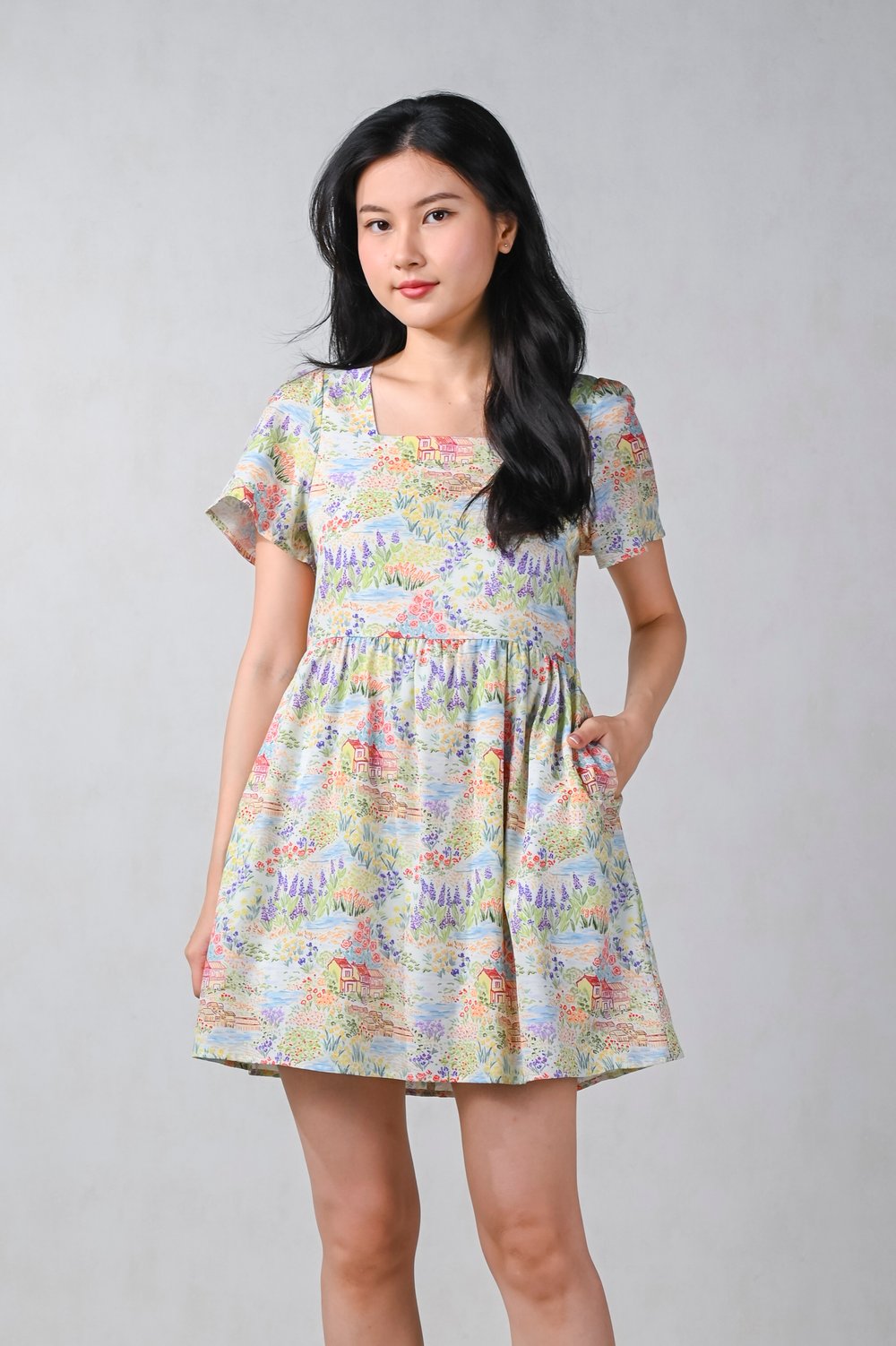 SUMMER LANDSCAPE SQUARE-NECK DRESS-ROMPER