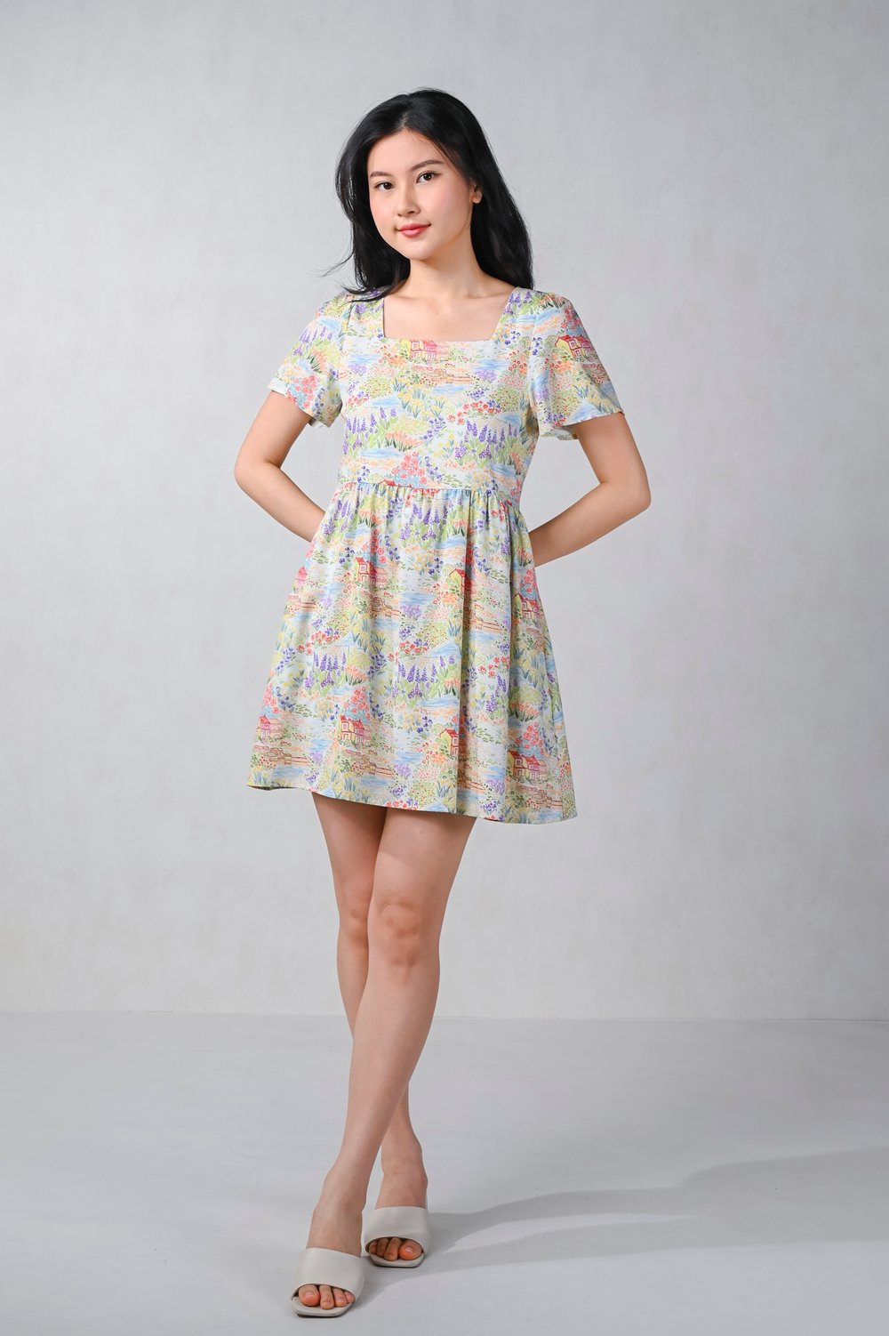 SUMMER LANDSCAPE SQUARE-NECK DRESS-ROMPER