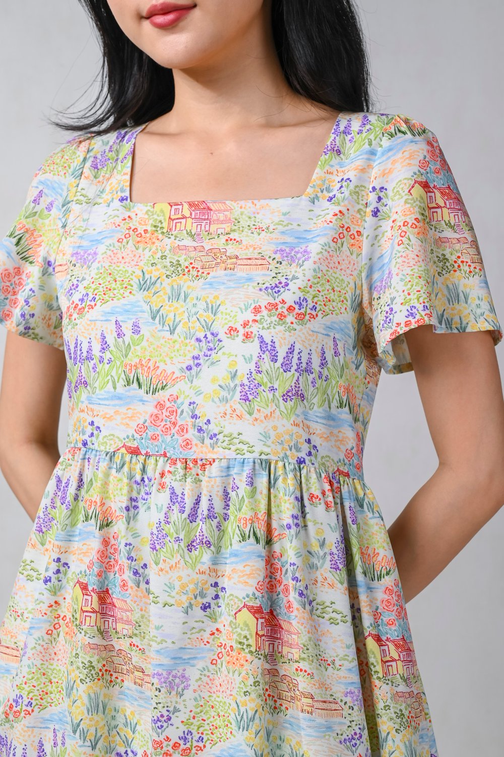 SUMMER LANDSCAPE SQUARE-NECK DRESS-ROMPER