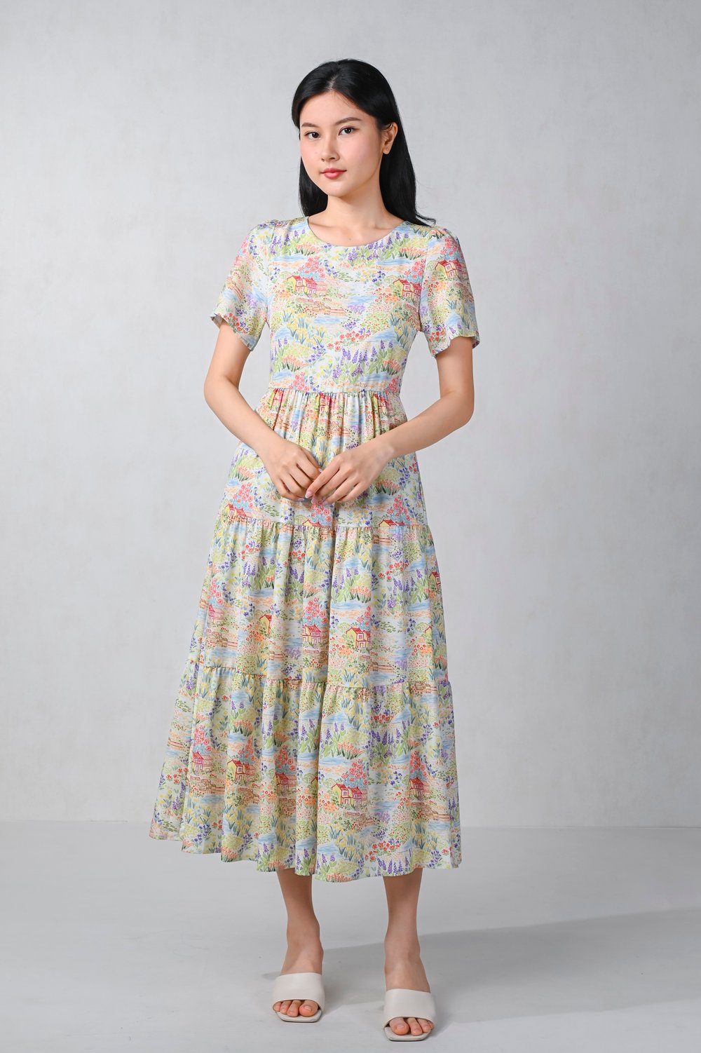 SUMMER LANDSCAPE TIERED MIDAXI DRESS