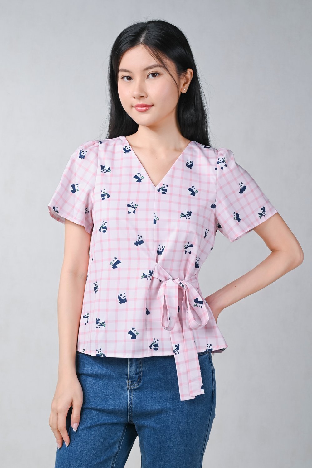 PINK PANDA PARTY SLEEVED TIE-SASH TOP