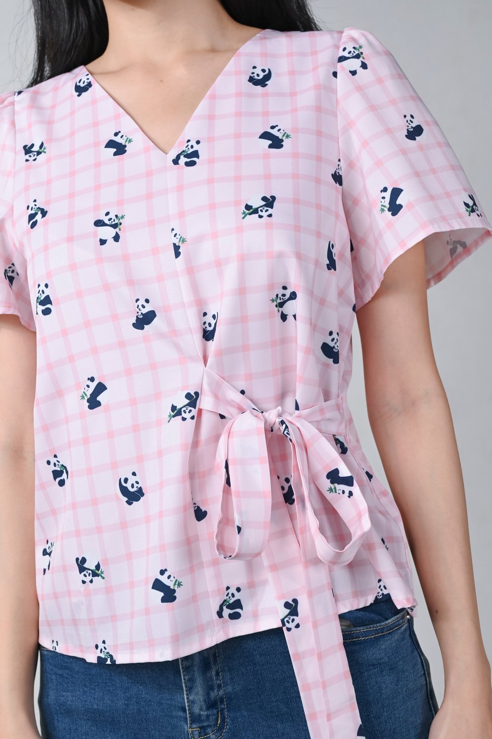PINK PANDA PARTY SLEEVED TIE-SASH TOP