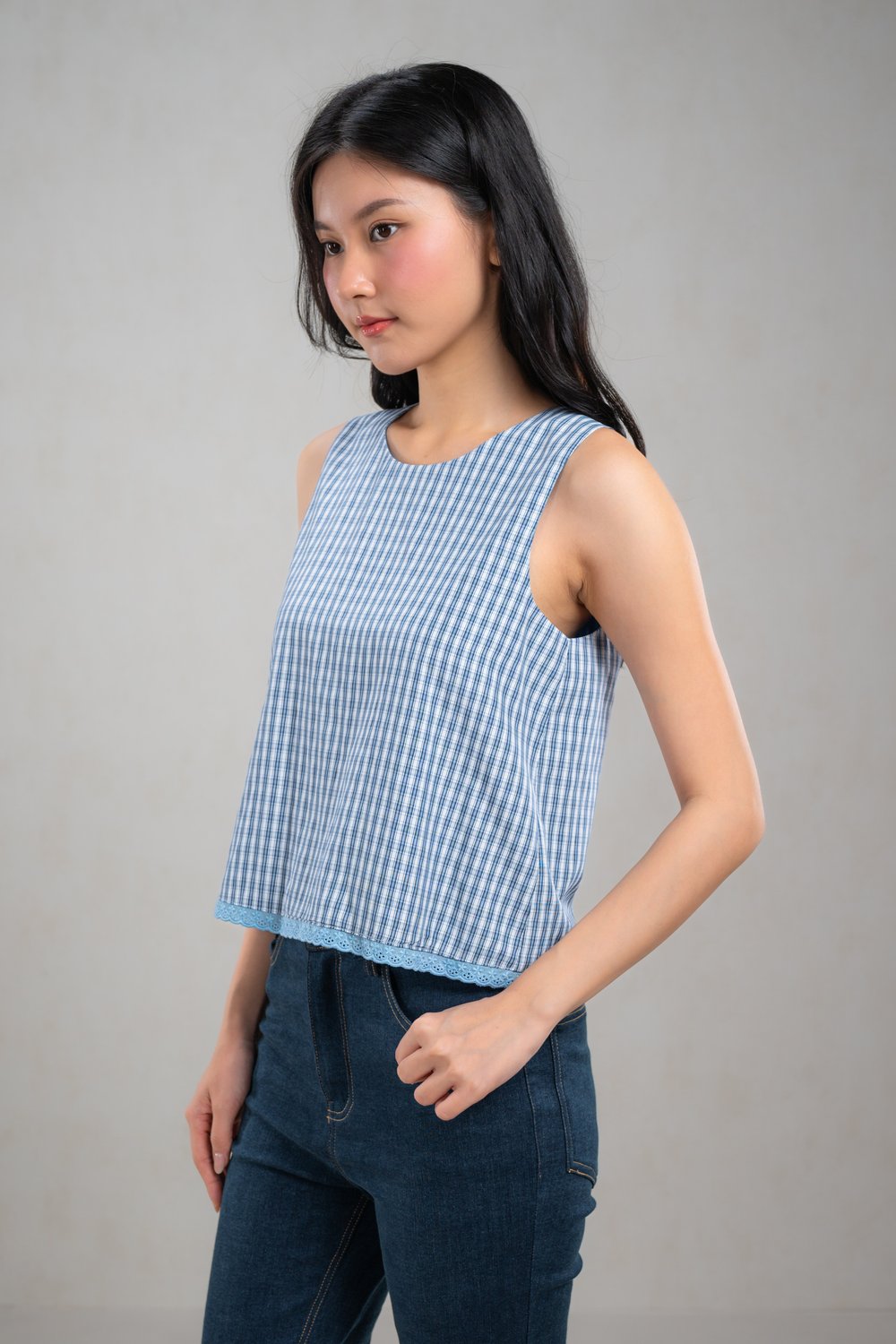 CARRIE PLAID BUTTON-BACK TOP