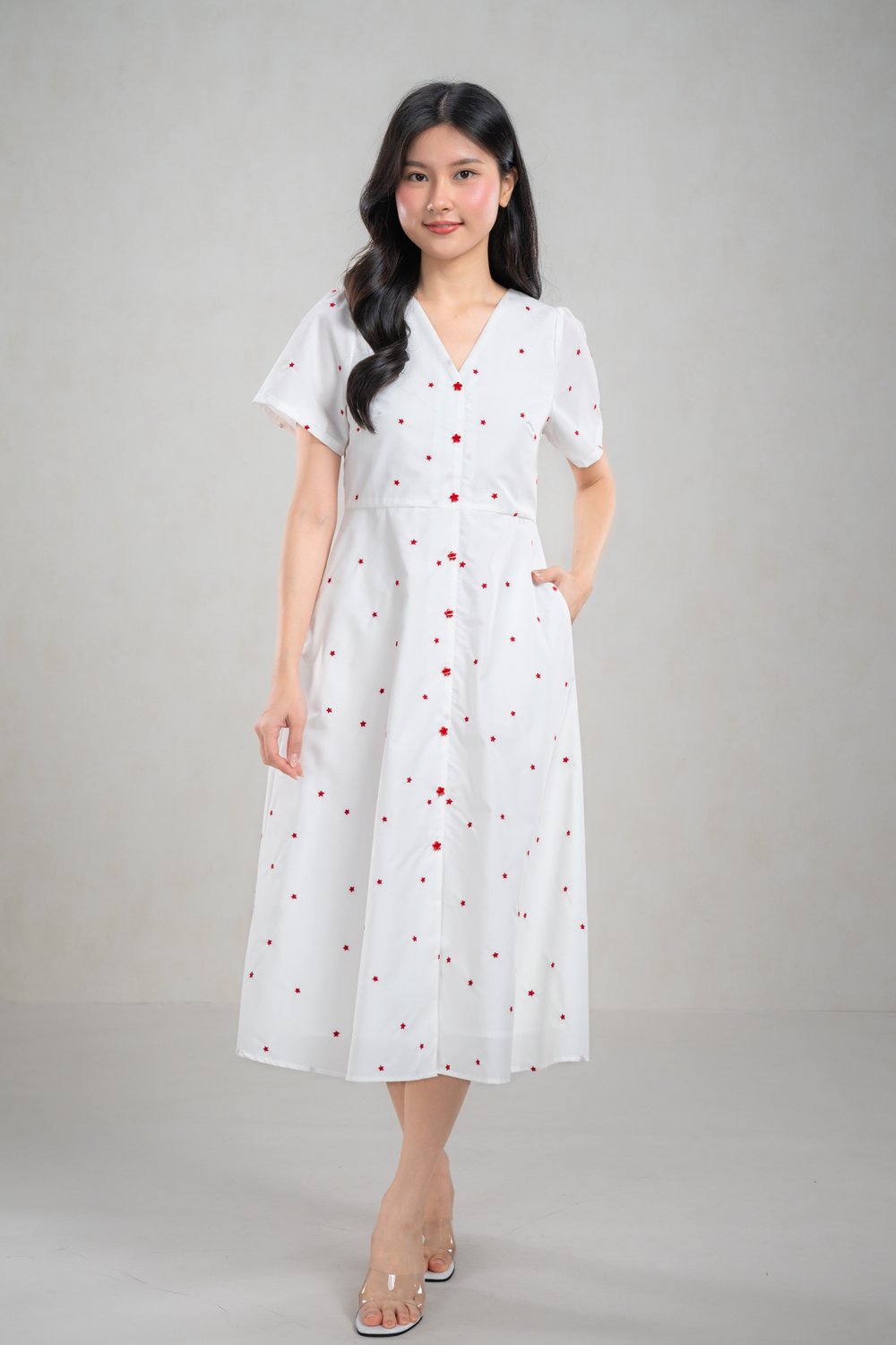 SINGA WHITE STARRY EMB. V-NECK MIDI DRESS
