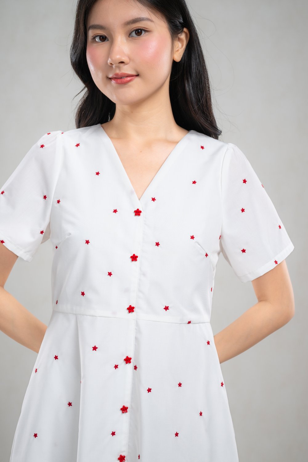 SINGA WHITE STARRY EMB. V-NECK MIDI DRESS