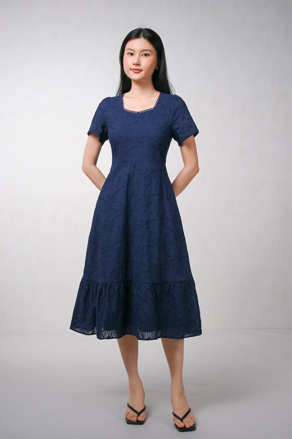 DAVINA NAVY EYELET SLEEVED MIDI DRESS