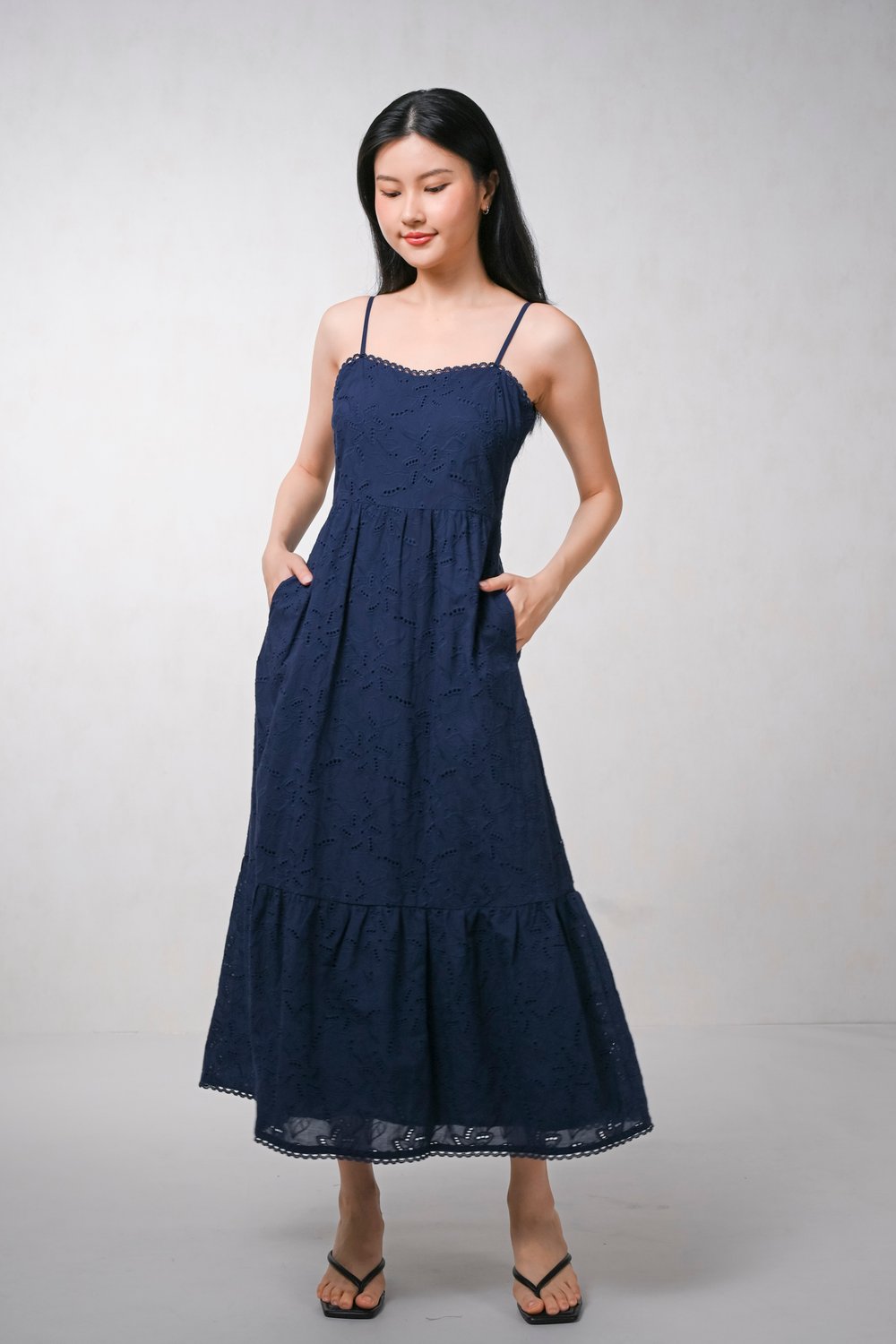 IVARA NAVY EYELET SPAG MAXI DRESS