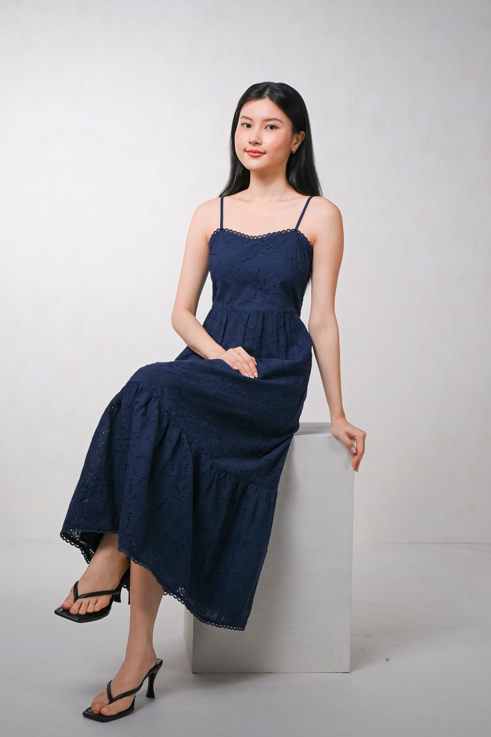 IVARA NAVY EYELET SPAG MAXI DRESS