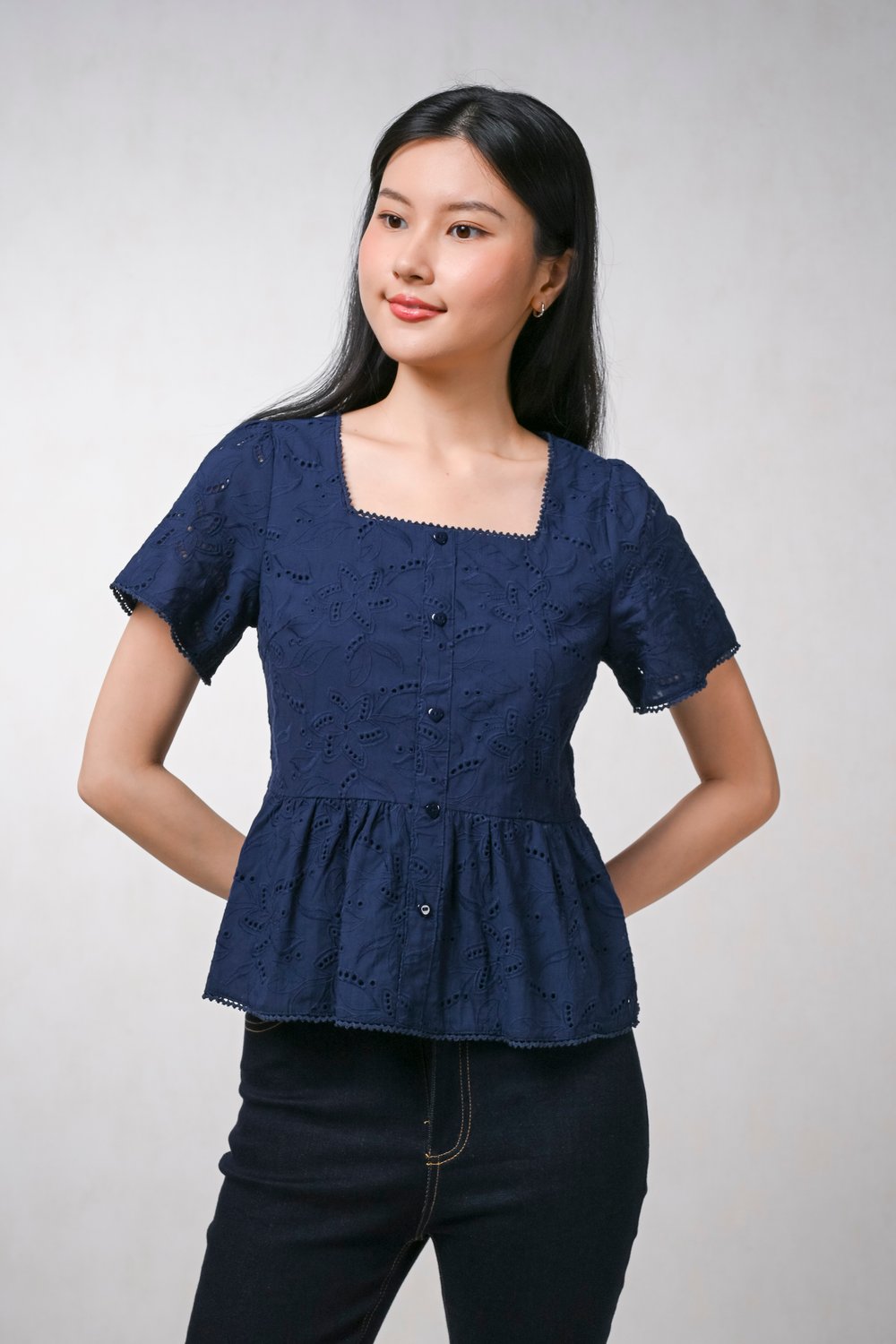 DREE NAVY EYELET SLEEVED TOP