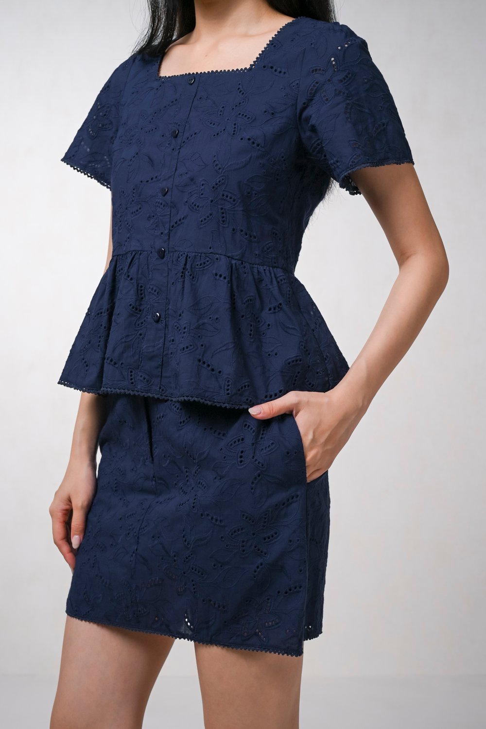DREE NAVY EYELET SLEEVED TOP
