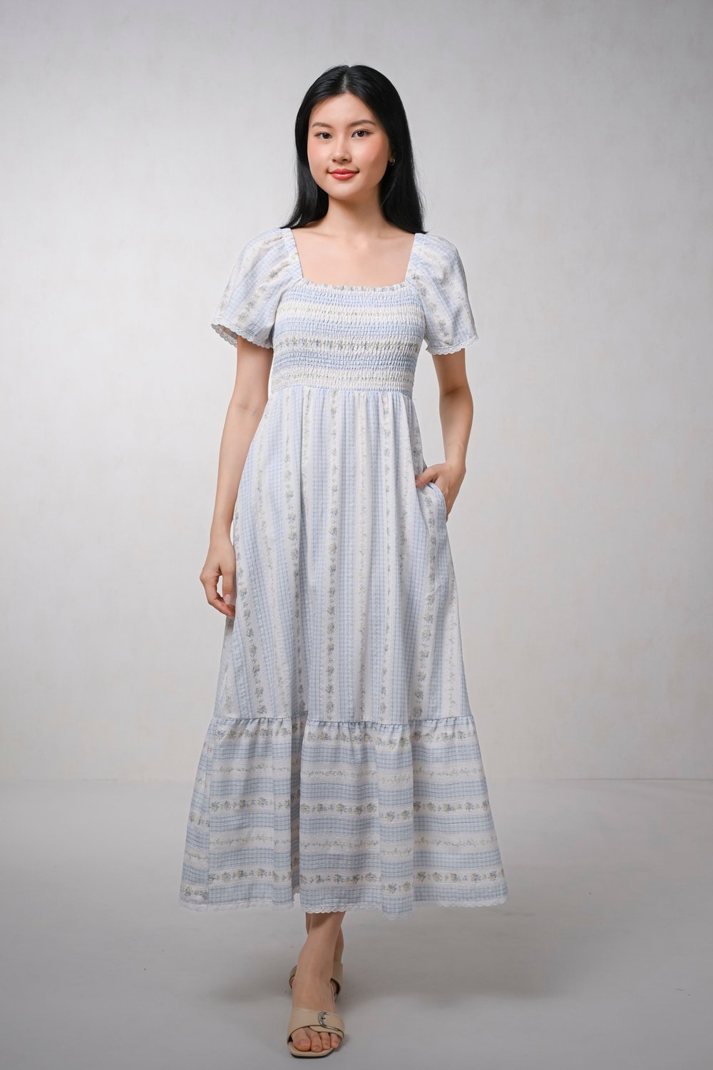 MAEVIN BLUE PATTERN SMOCKED MIDI DRESS
