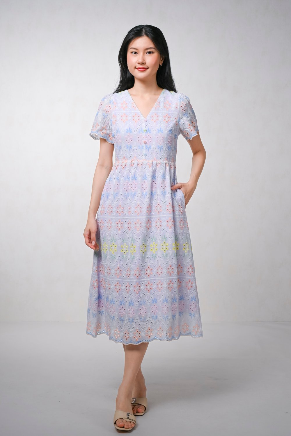 BRENIA COLOURFUL EYELET V-NECK SLEEVED MIDI DRESS