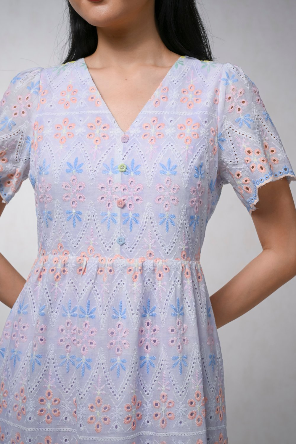 BRENIA COLOURFUL EYELET V-NECK SLEEVED MIDI DRESS