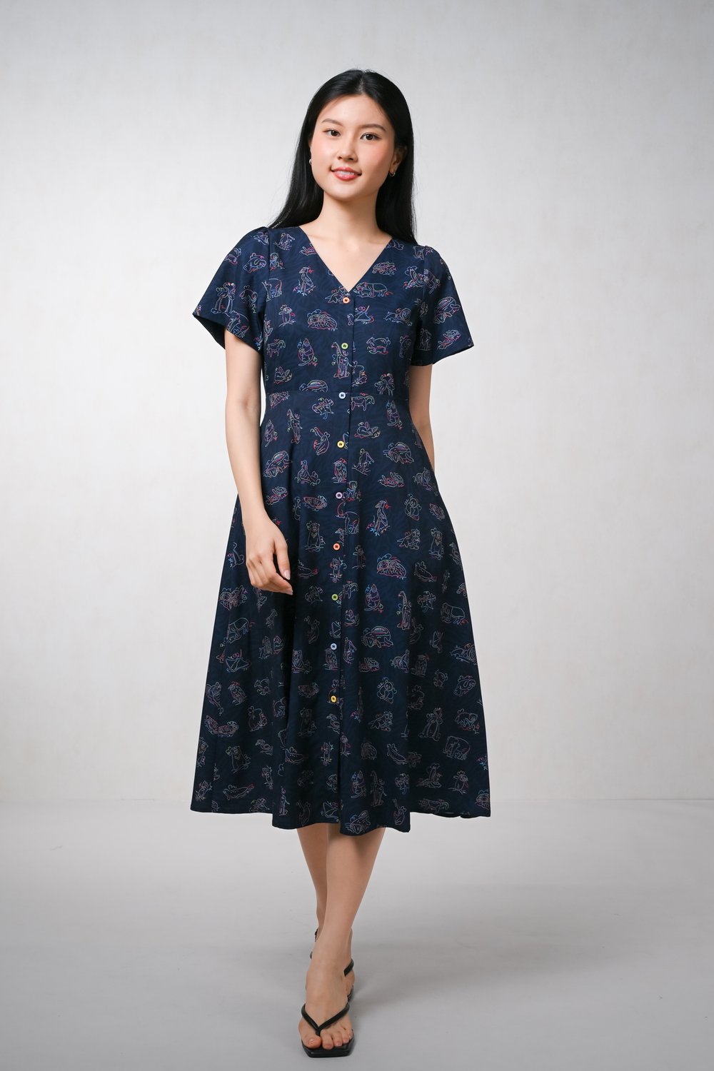 GLOW GETTERS NAVY V-NECK SLEEVED BUTTON MIDI DRESS