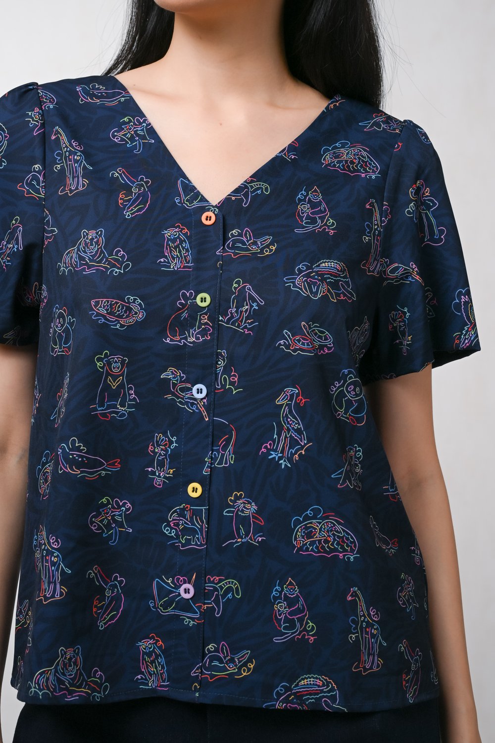 GLOW GETTERS NAVY SLEEVED BUTTON TOP