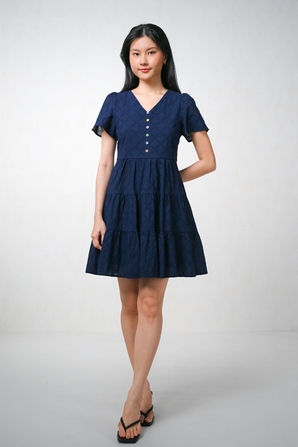 SERENITY EYELET V-NECK BUTTON DRESS IN NAVY