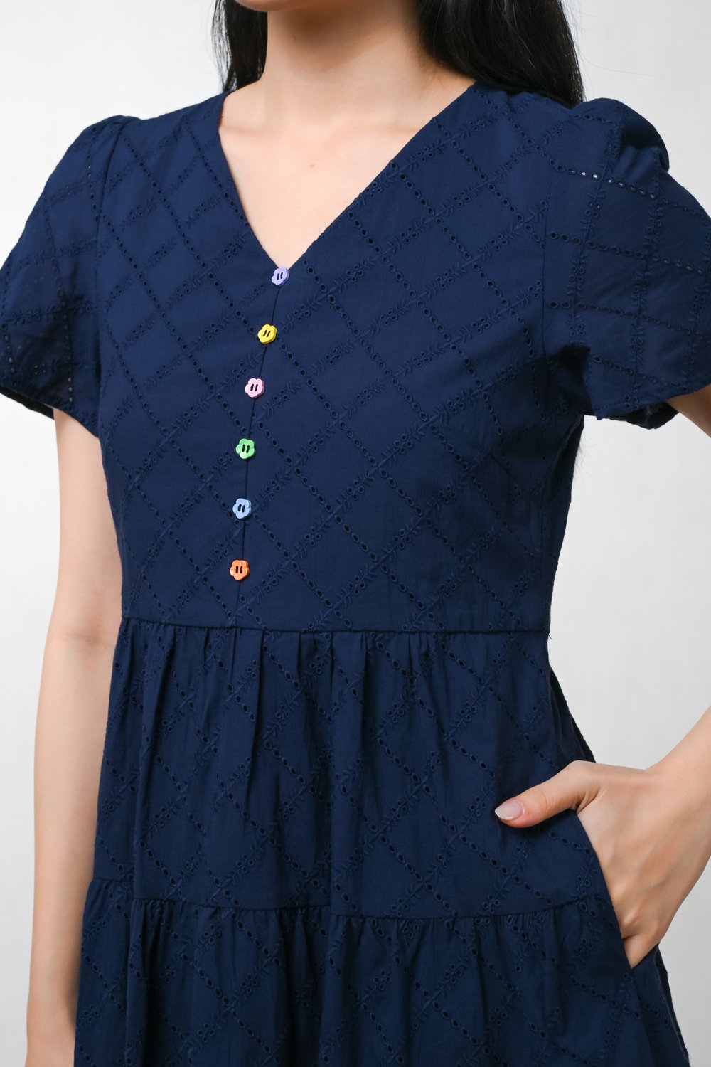 SERENITY EYELET V-NECK BUTTON DRESS IN NAVY