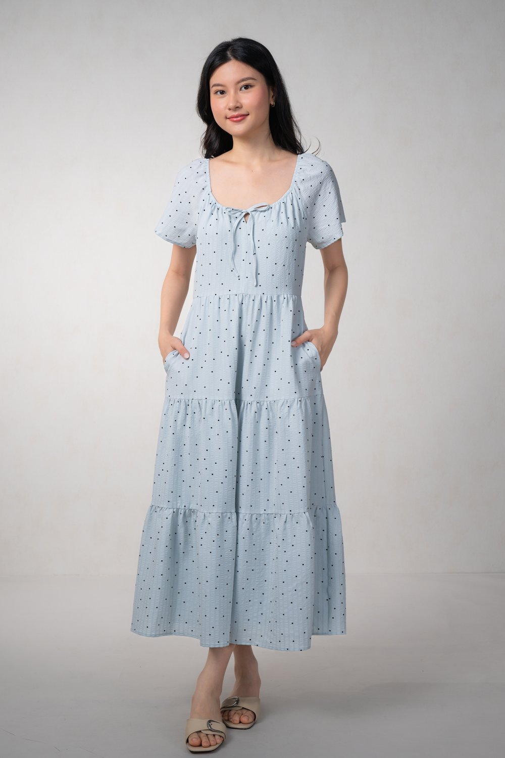 PERLAE POLKA TIERED MIDAXI DRESS IN BLUE