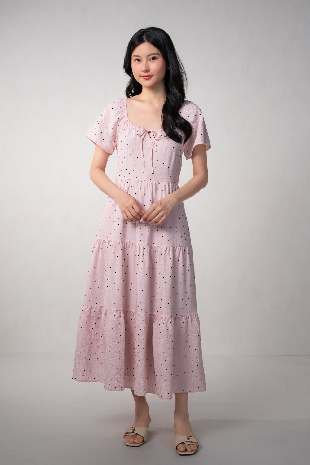 PERLAE POLKA TIERED MIDAXI DRESS IN PINK