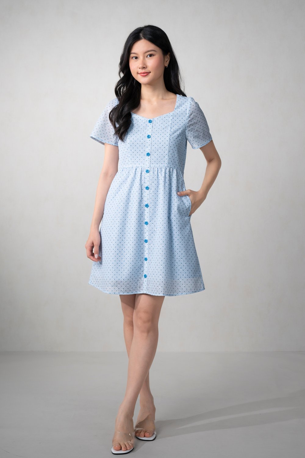 PEARLYN BLUE POLKA SWEETHEART BUTTON DRESS