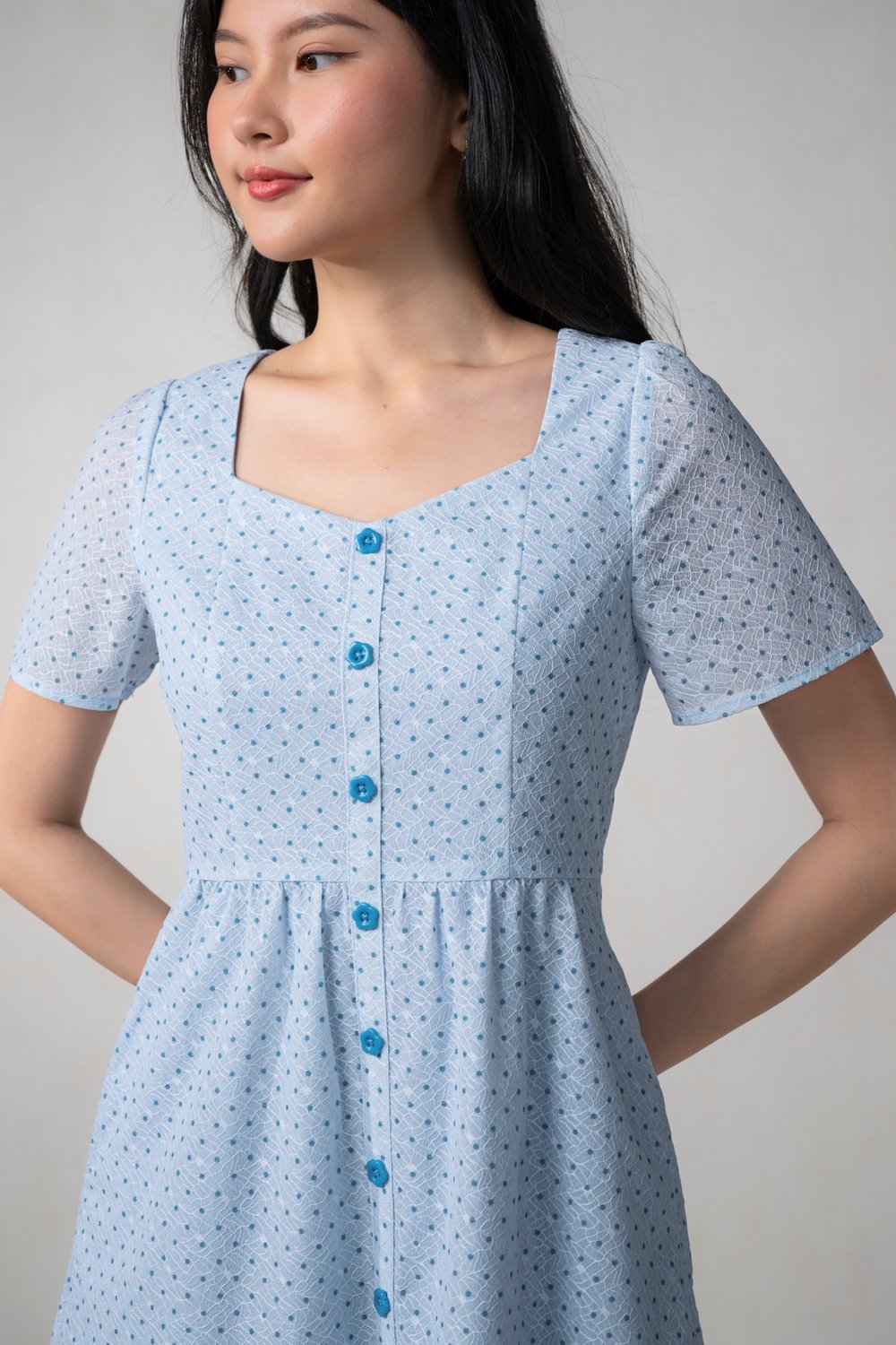 PEARLYN BLUE POLKA SWEETHEART BUTTON DRESS