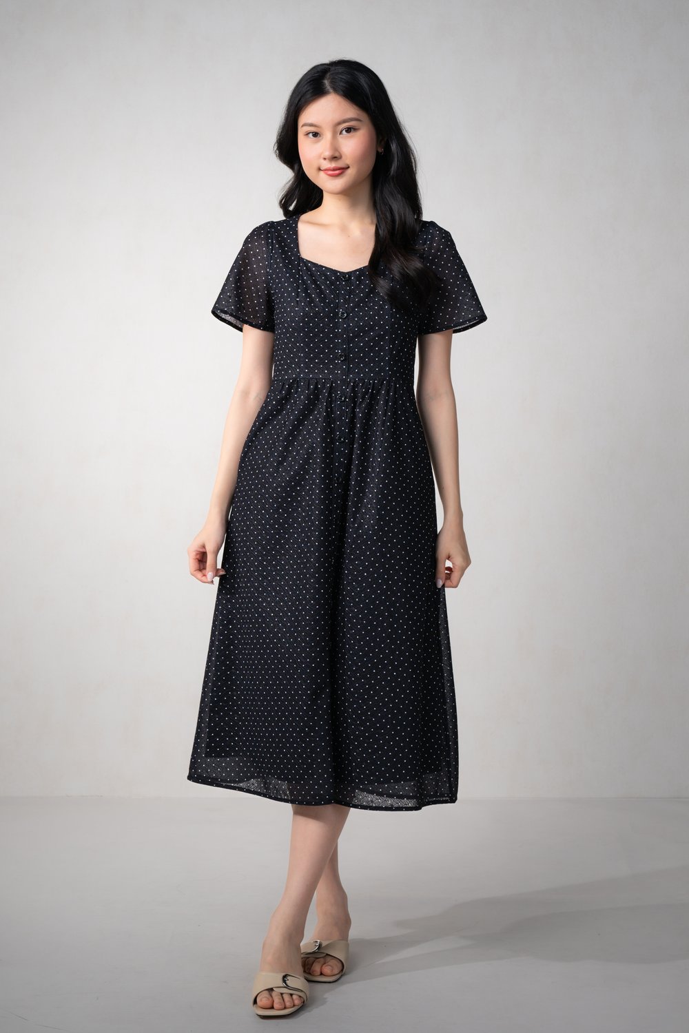 FARREN BLACK POLKA SWEETHEART SLEEVED MIDI DRESS