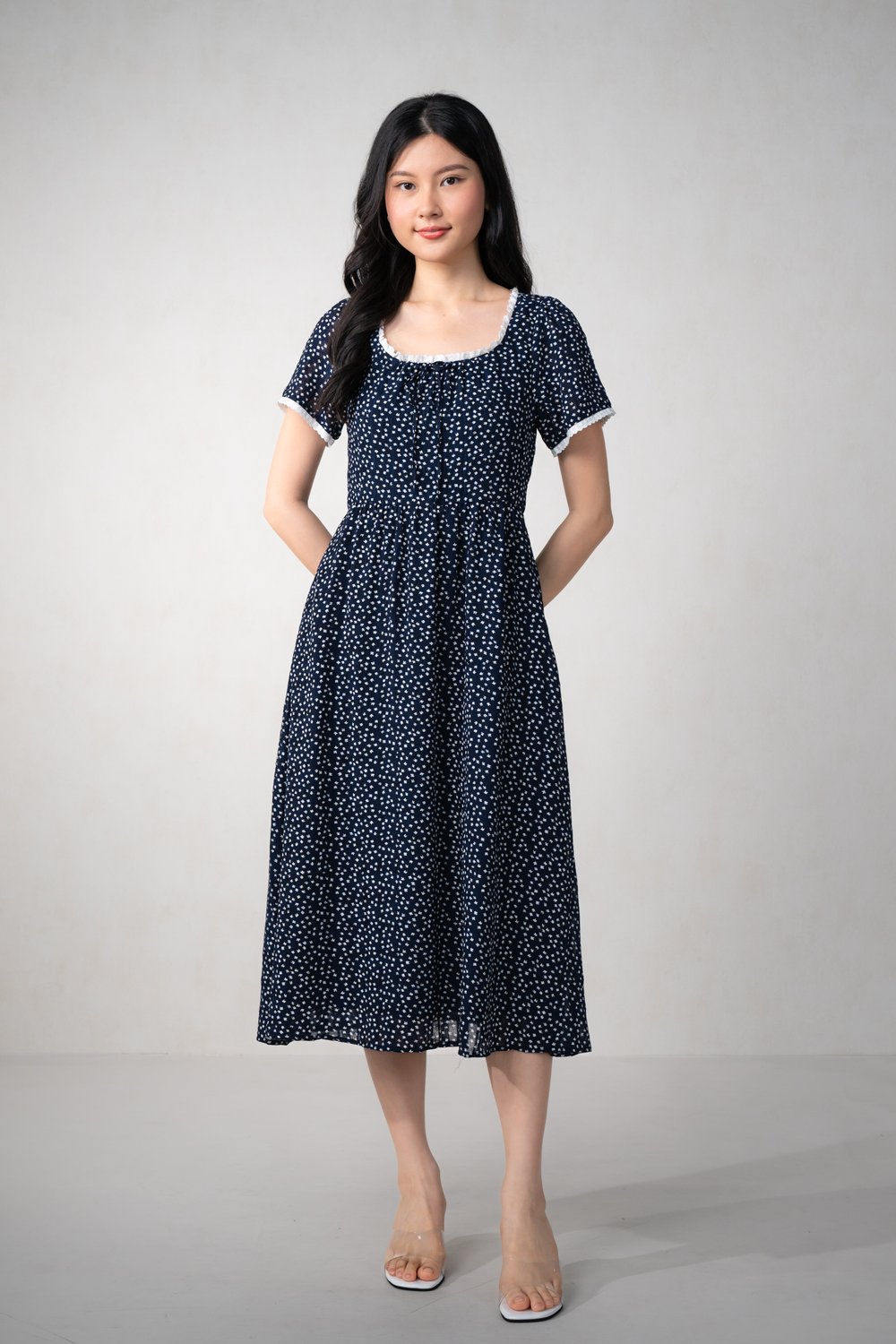 DELARA NAVY FLORAL SLEEVED FRILL MIDI DRESS