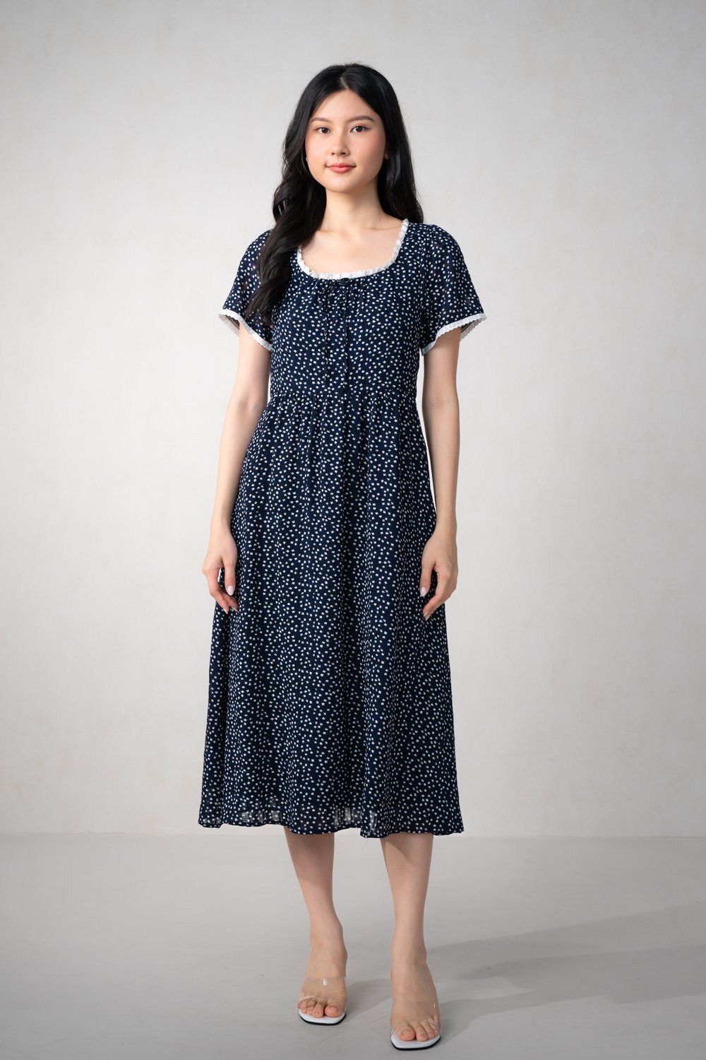 DELARA NAVY FLORAL SLEEVED FRILL MIDI DRESS