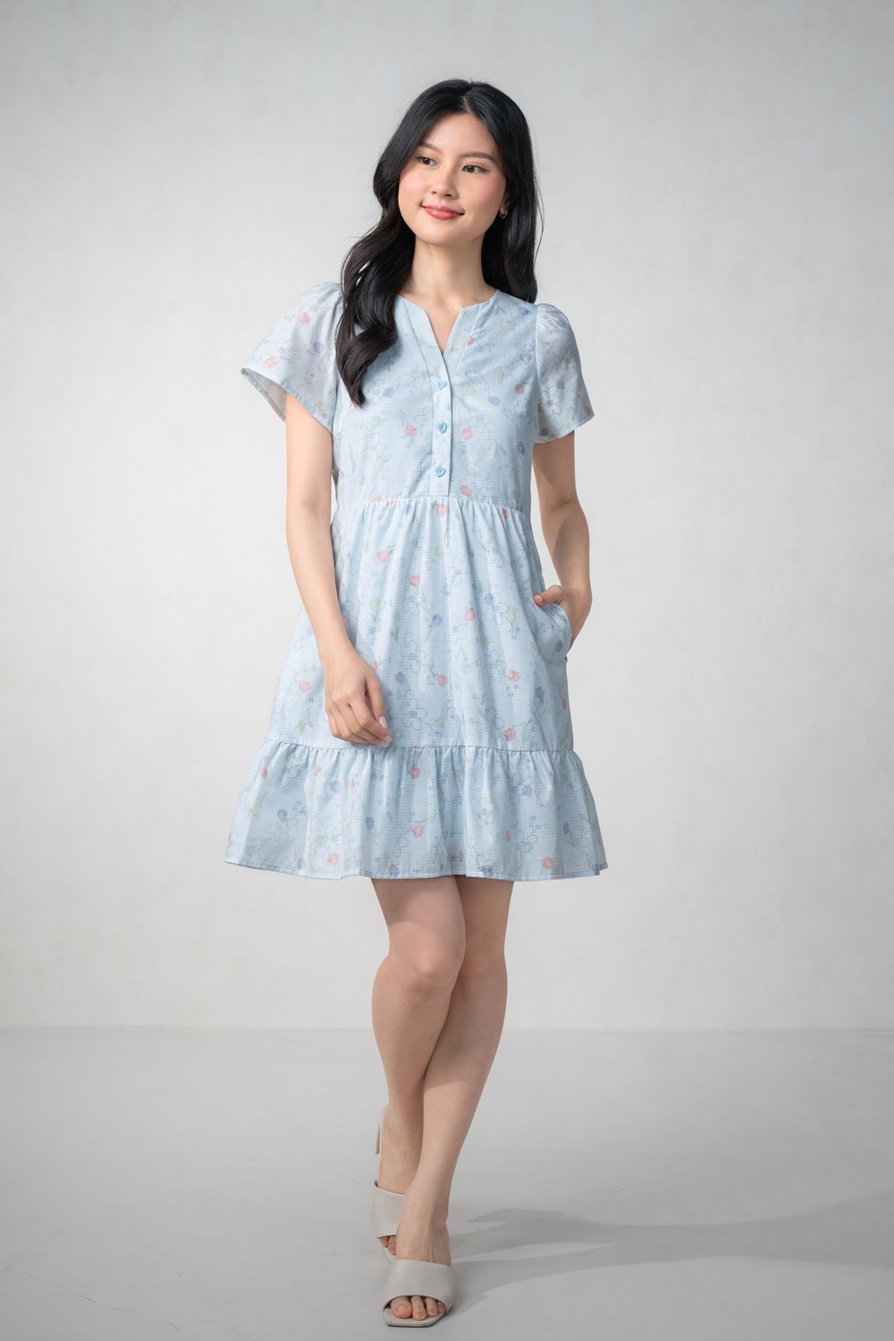 NOVEA GINGHAM SLEEVED BUTTON DRESS IN BLUE