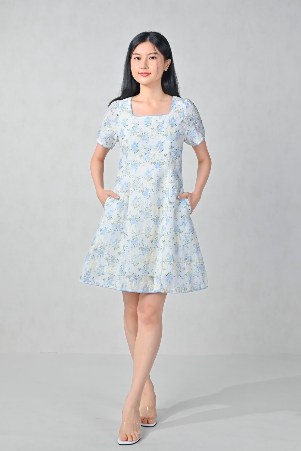 QUORA BLUE FLORAL SQUARE-NECK DRESS