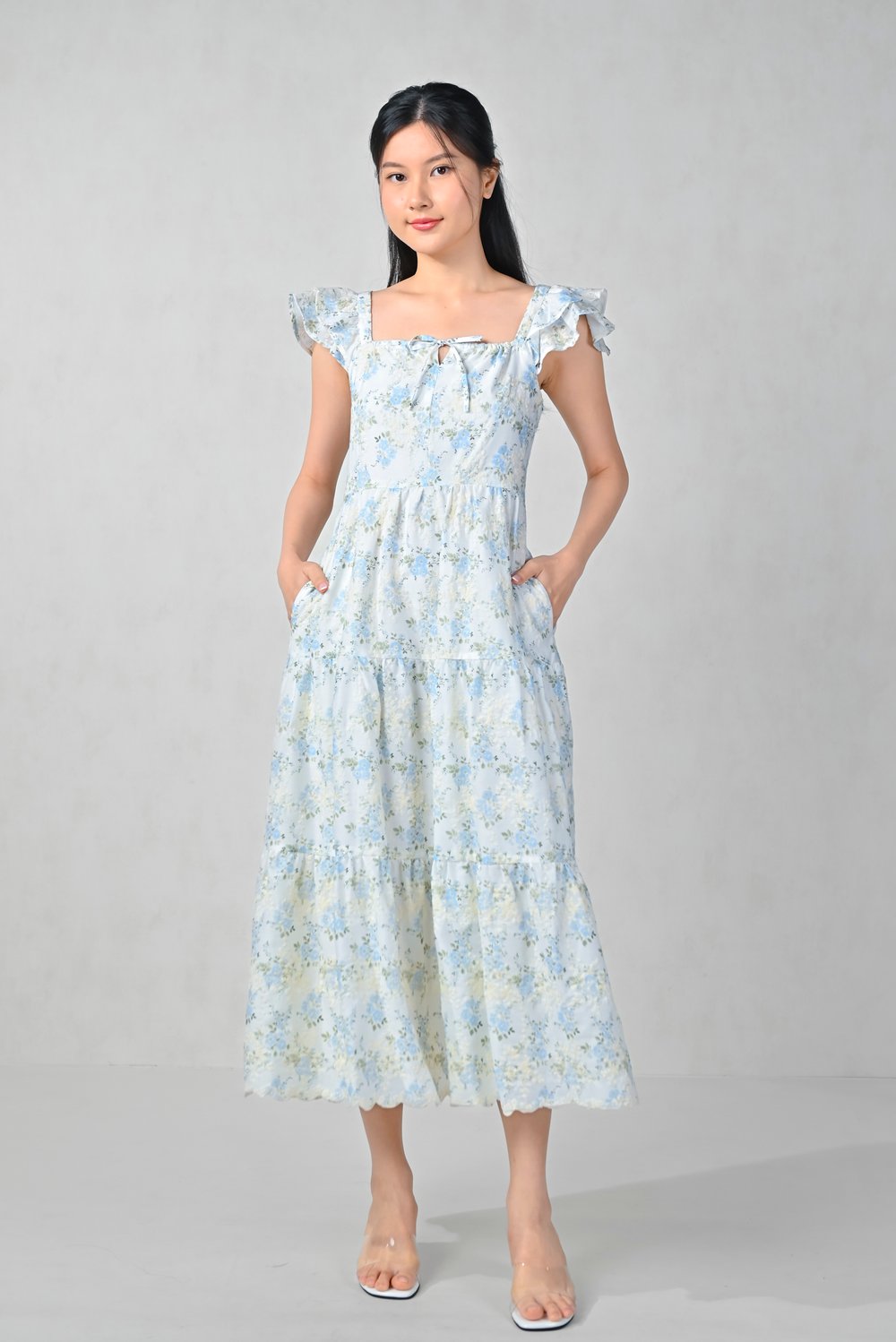 QUELLA BLUE FLORAL RUFFLE TIE-DETAIL MIDAXI DRESS