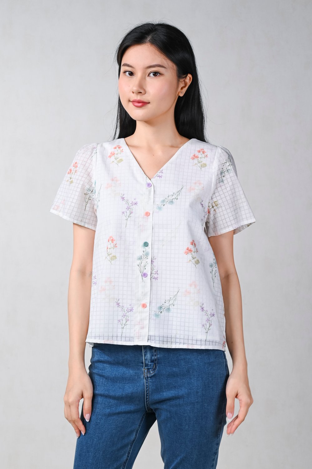 MOONFLOWER SLEEVED BUTTON TOP