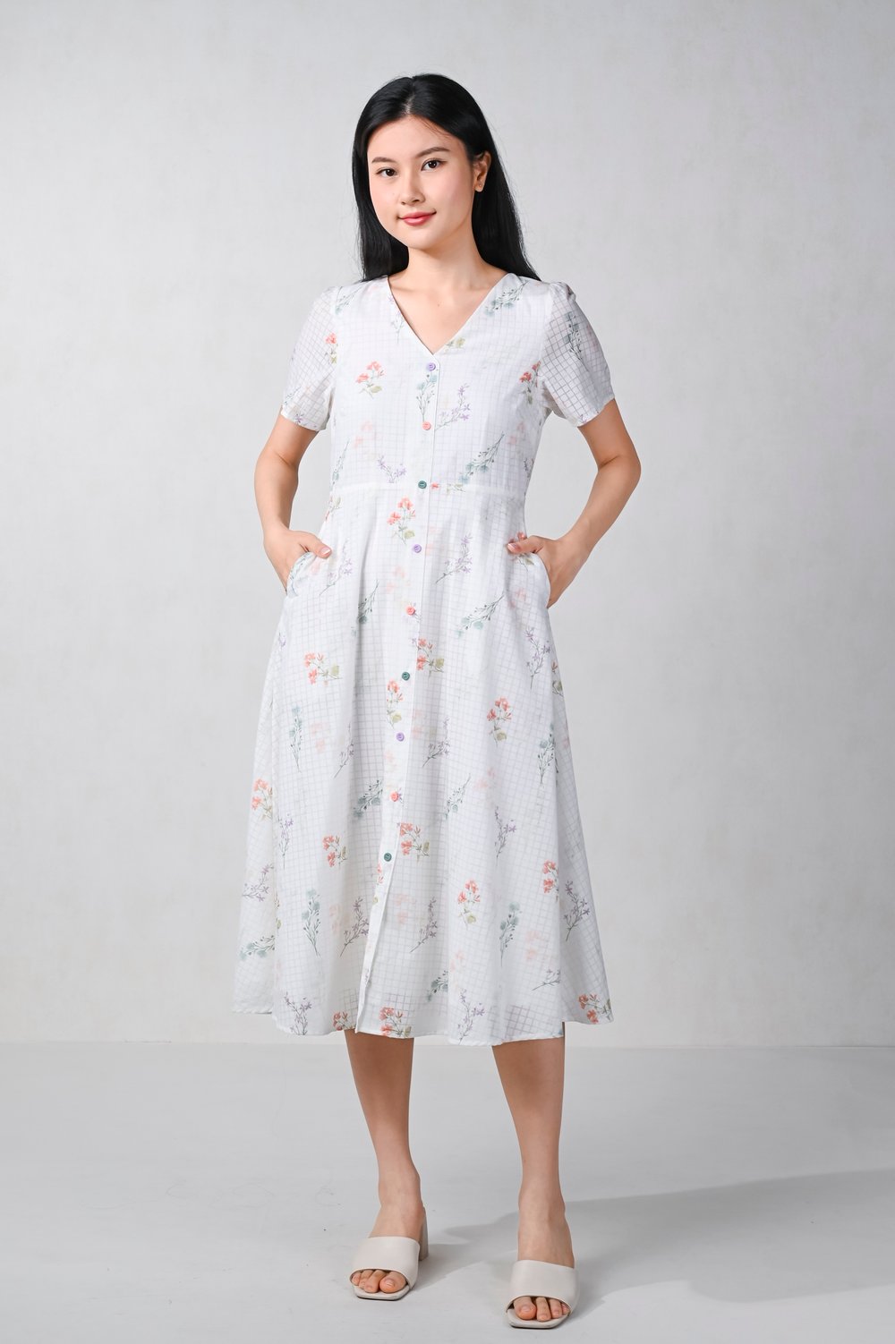 MOONFLOWER SLEEVED BUTTON MIDI DRESS