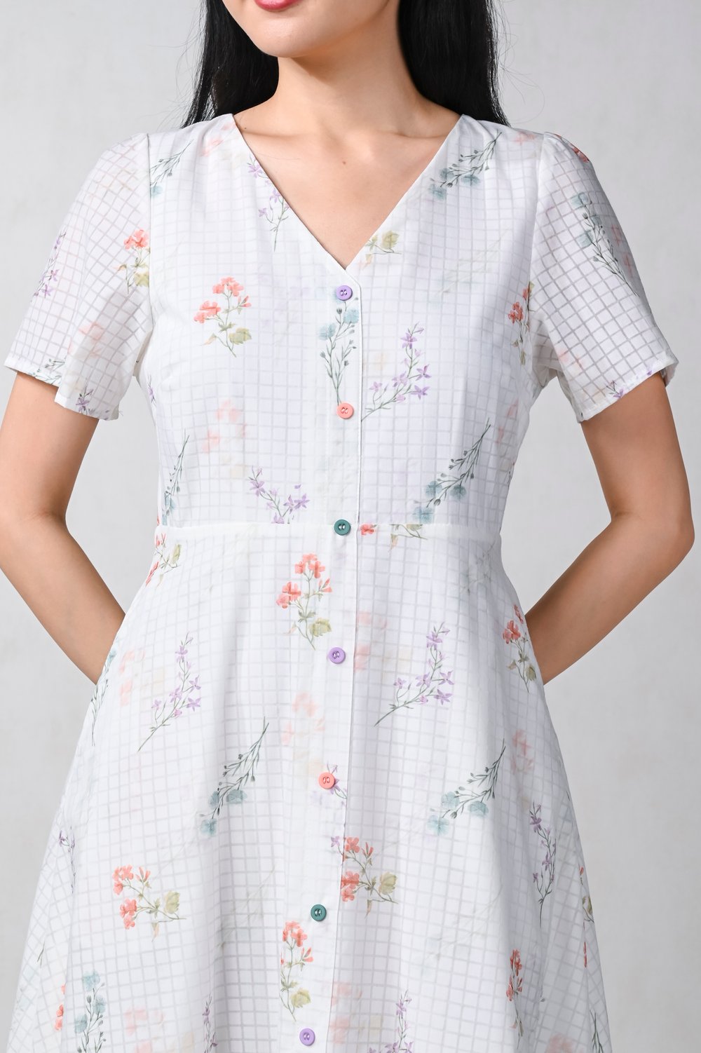 MOONFLOWER SLEEVED BUTTON MIDI DRESS