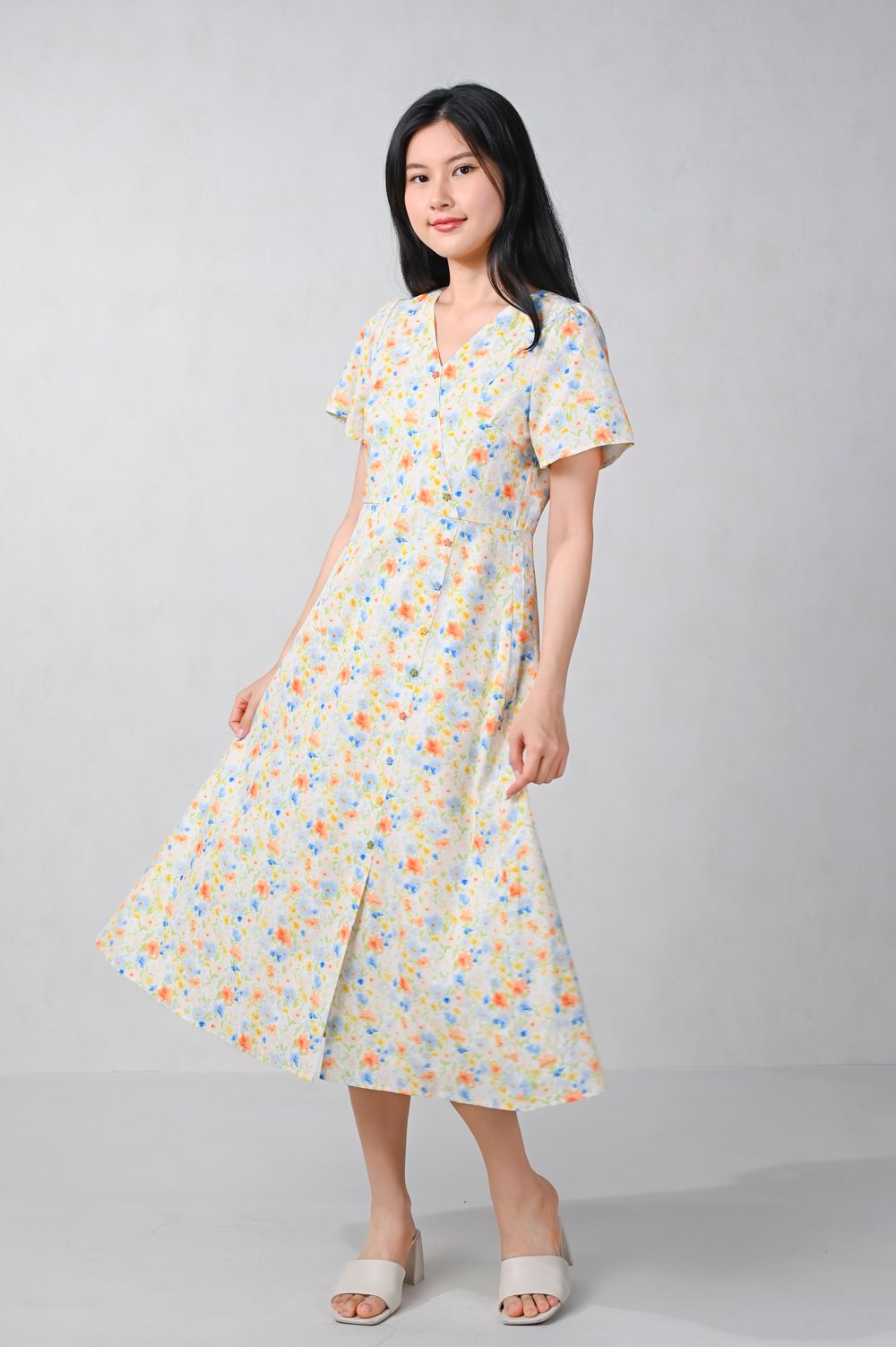 HAPPY FLORAL SLEEVED BUTTON MIDI DRESS