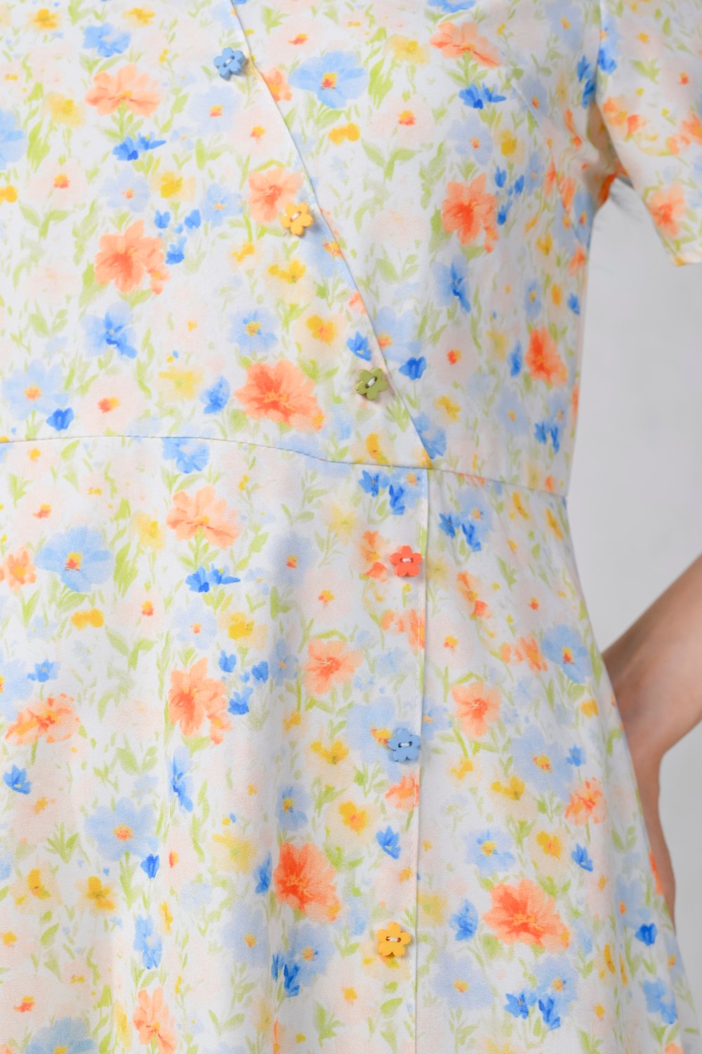 HAPPY FLORAL SLEEVED BUTTON MIDI DRESS
