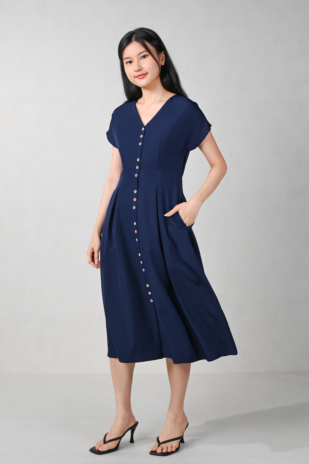ZYN NAVY SLEEVED BUTTON MIDI DRESS