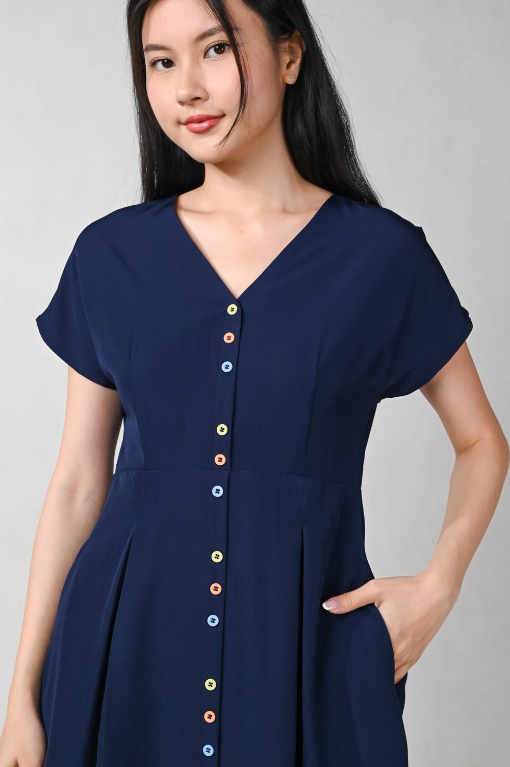 ZYN NAVY SLEEVED BUTTON MIDI DRESS